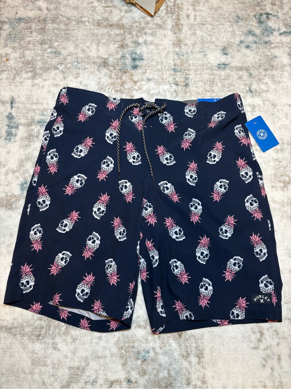 Hurley Navy Swim Shorts with White Skull and Pink Pineapple Print